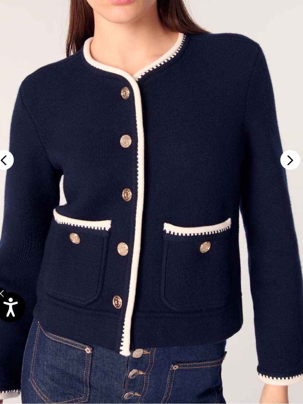 Maje Navy Knit White Contrast-Trim Cardigan